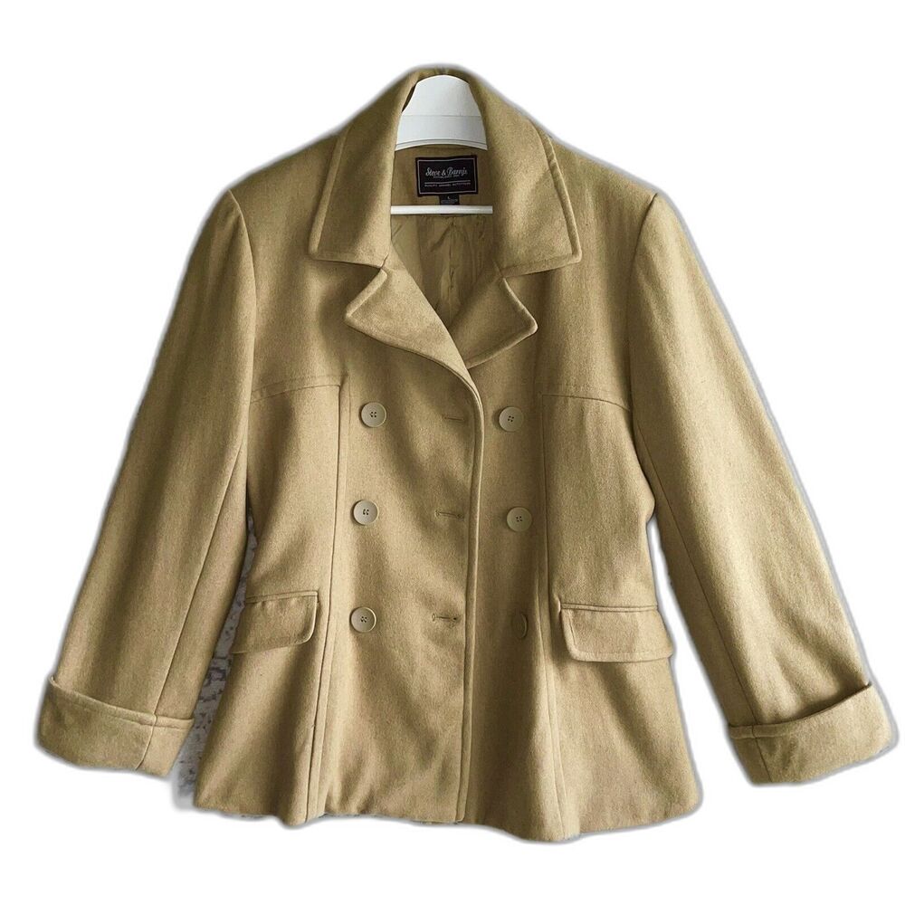 Steve Barrys Butter Yellow Pea Coat Size L Tan Wool Nice Jacket Collared Buttons